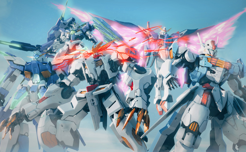 00_qan[t] 00_qan[t]_full_saber absurdres akada_maruko blue_eyes blue_sky chinese_commentary claws cloud commentary destiny_gundam energy_wings floating glowing glowing_eyes green_eyes gundam gundam_00 gundam_00_a_wakening_of_the_trailblazer gundam_aerial gundam_age gundam_age-fx gundam_barbatos_lupus_rex gundam_seed gundam_seed_destiny gundam_suisei_no_majo gundam_tekketsu_no_orphans highres holding holding_sword holding_weapon looking_away mecha mobile_suit no_humans open_hand outdoors red_eyes robot science_fiction sky standing sword v-fin weapon