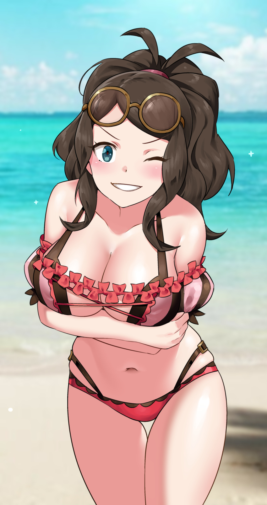 1girl absurdres alternate_costume arms_under_breasts beach bikini blue_eyes blush breasts cleavage commission commissioner_upload cosplay eyewear_on_head fire_emblem fire_emblem:_three_houses fire_emblem_heroes glasses highres hilda_(pokemon) hilda_valentine_goneril hilda_valentine_goneril_(cosplay) hilda_valentine_goneril_(summer) igni_tion large_breasts long_hair looking_at_viewer md5_mismatch name_connection one_eye_closed outdoors pink_bikini pokemon pokemon_(game) pokemon_bw resolution_mismatch smile solo source_smaller swimsuit