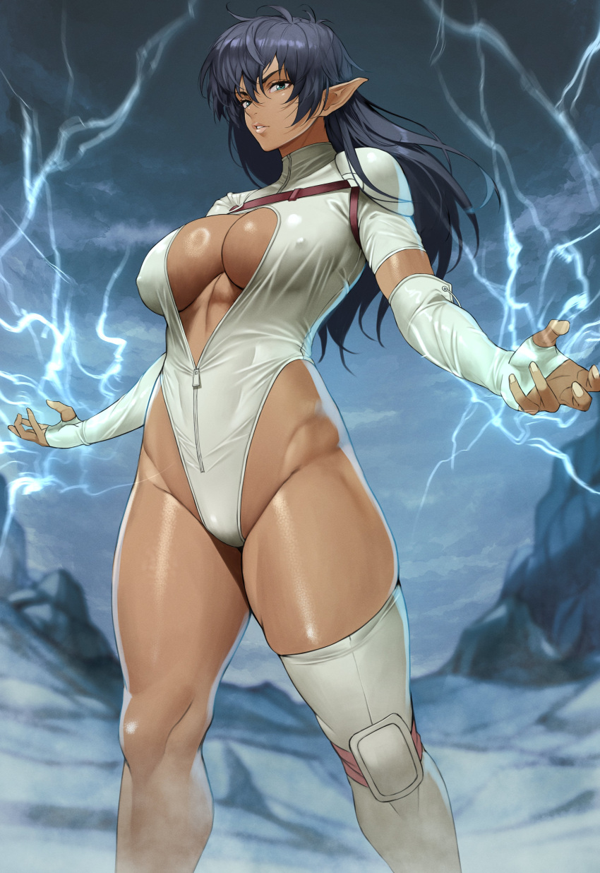 1girl absurdres arshes_nei bangs bastard!! black_hair blue_eyes breasts center_opening commentary covered_nipples dark-skinned_female dark_elf dark_skin elbow_gloves electricity elf english_commentary feet_out_of_frame fingerless_gloves gloves hair_between_eyes highleg highleg_leotard highres knee_pads large_breasts leotard lips long_hair looking_at_viewer outdoors parted_lips pointy_ears short_sleeves shoulder_pads single_knee_pad single_thighhigh solo teeth thighhighs turtleneck_leotard white_gloves white_leotard white_thighhighs yoshio_(55level) zipper zipper_pull_tab