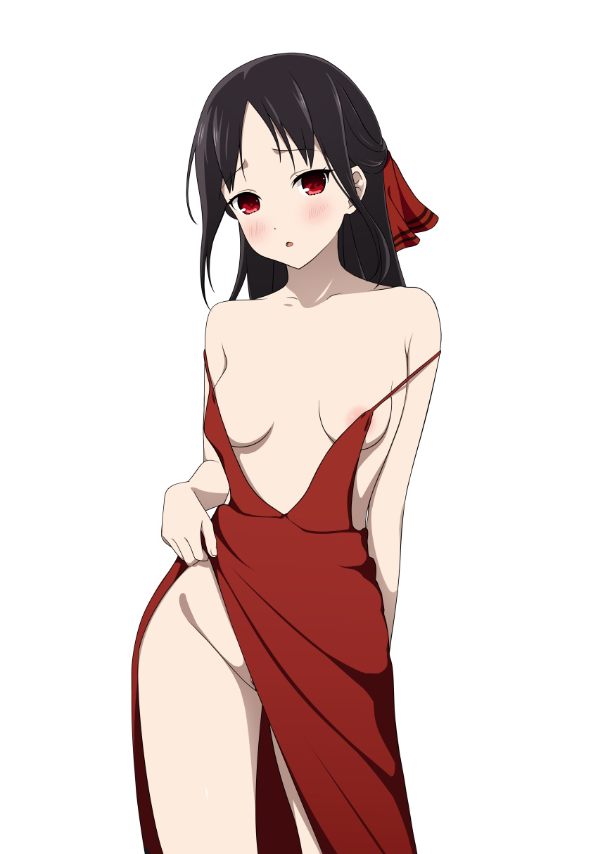 1girl :o absurdres areola_slip bangs bare_shoulders black_hair blush breasts clothes_lift contrapposto coro_fae cowboy_shot dress dress_lift female_pubic_hair groin hair_ribbon highres kaguya-sama_wa_kokurasetai_~tensai-tachi_no_renai_zunousen~ lifted_by_self looking_at_viewer medium_hair no_panties plunging_neckline pubic_hair red_dress red_eyes red_ribbon revealing_clothes ribbon shinomiya_kaguya side_slit sidelocks simple_background small_breasts solo spaghetti_strap standing strap_slip swept_bangs white_background