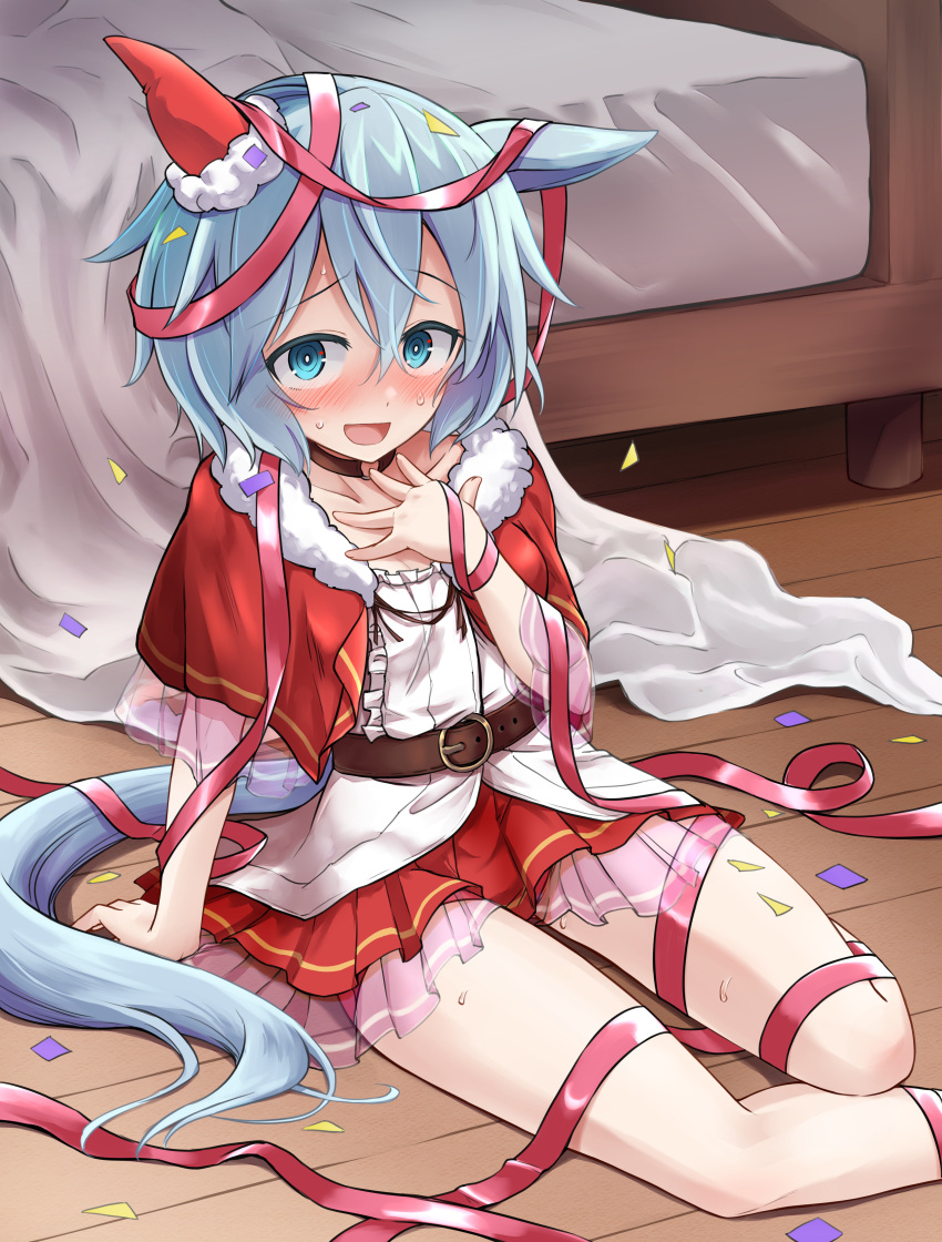 1girl :d absurdres animal_ears arm_support bangs bed black_choker blue_eyes blue_hair blush capelet center_frills choker collarbone feet_out_of_frame frills fur-trimmed_capelet fur_trim hair_between_eyes hand_up highres horse_ears horse_girl horse_tail looking_at_viewer nose_blush pleated_skirt red_capelet red_ribbon red_skirt ribbon see-through seiun_sky_(umamusume) shirt skirt smile solo sweat tail ugatsu_matsuki umamusume white_shirt