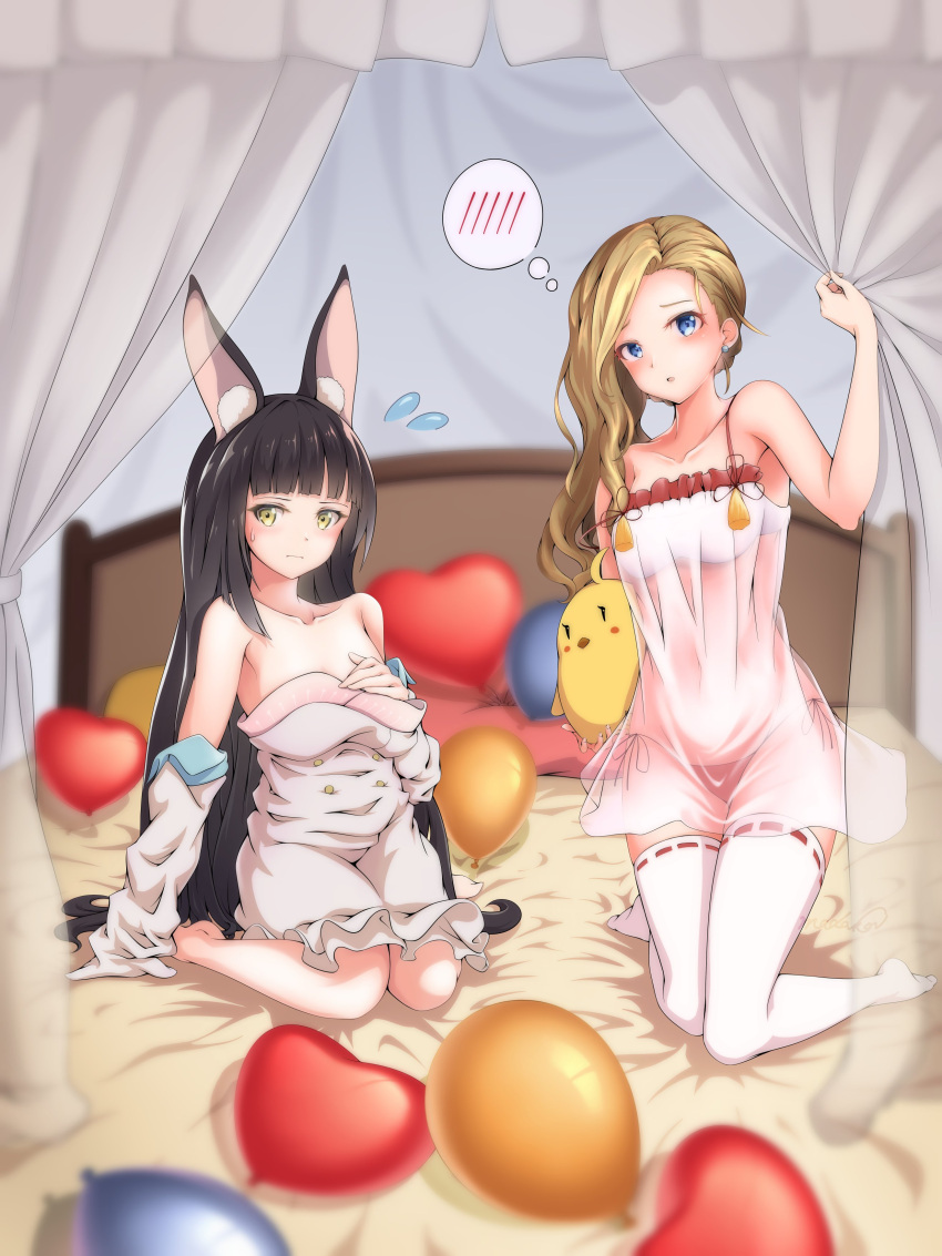 2girls absurdres animal_ears azur_lane babydoll balloon bed cosplay costume_switch dress elbow_gloves flying_sweatdrops fox_ears full_body gameplay_mechanics gloves highres hood_(azur_lane) hood_(azur_lane)_(cosplay) hood_(dawnlight's_dame)_(azur_lane) kneeling looking_at_viewer madakov_kodima manjuu_(azur_lane) multiple_girls nagato_(azur_lane) nagato_(azur_lane)_(cosplay) nagato_(great_fox's_respite)_(azur_lane) nightgown official_alternate_costume panties pillow ribbon-trimmed_thighhighs side-tie_panties spoken_blush thighhighs thought_bubble underwear