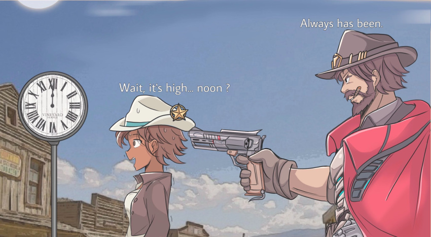 1boy 1girl always_has_been_(meme) beard black_eyes blue_sky blurry blurry_background brawlhalla breasts brown_eyes brown_gloves brown_hair brown_headwear brown_jacket cassidy_(brawlhalla) cassidy_(overwatch) cigar cloak cloud cloudy_sky collarbone collared_shirt cowboy_hat cowboy_western cringywoomy cropped_jacket dark-skinned_female dark_skin english_commentary english_text facial_hair futuristic_weapon gloves gun hat height_difference highres jacket mature_male medium_breasts meme messy_hair name_connection out_of_frame outdoors overwatch overwatch_2 pointing_gun popped_collar profile red_cloak revolver sanpaku sheriff_badge shiny shiny_clothes shirt short_hair size_difference sky smoking sun sweat sweatdrop sweating_profusely toned toned_male trembling weapon white_headwear white_shirt