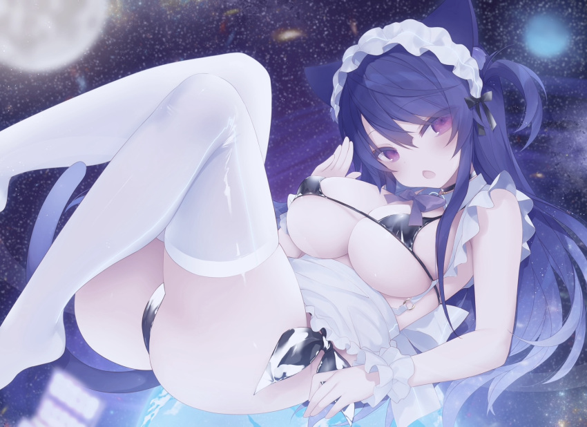 1girl animal_ears apron bangs bare_arms bare_shoulders bikini black_bikini black_bow black_ribbon blue_hair blue_tail bow breasts cat_ears cat_girl cat_tail cleavage comiket_101 covered_nipples feet_out_of_frame feet_up frilled_apron frilled_cuffs frilled_hairband frills hair_between_eyes hair_bow hair_ribbon hairband hand_up knees_up large_breasts latex_bikini long_hair looking_at_viewer maid maid_apron maid_headdress micro_bikini moon night night_sky no_shoes o-ring one_side_up original purple_eyes ribbon side-tie_bikini_bottom sidelocks skindentation sky solo star_(sky) starry_sky swimsuit tail thighhighs thighs underboob white_apron white_hairband white_thighhighs wrist_cuffs yoruneko