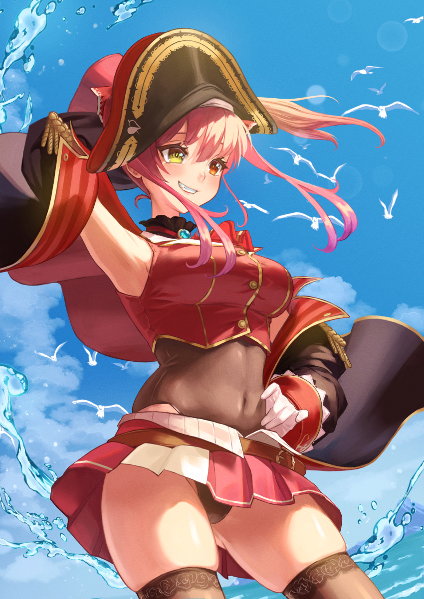 1girl arm_up armpits ascot belt bird black_jacket blue_sky breasts brown_belt brown_leotard cloud covered_navel cropped_vest day epaulettes floating_hair gloves gold_trim grin hand_on_hip hat heterochromia highres hololive houshou_marine jacket large_breasts leotard long_hair miniskirt minyork ocean outdoors pirate_hat pleated_skirt red_ascot red_eyes red_hair red_skirt skirt sky smile solo thighhighs thighs twintails vest virtual_youtuber water white_gloves yellow_eyes