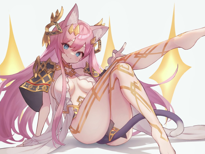 1girl animal_ear_fluff animal_ears bangs barefoot blue_eyes blush breasts capelet cat_ears cat_girl cat_tail character_request crossed_legs dress fang fang_out hair_ornament index_finger_raised leg_up long_hair looking_at_viewer medium_breasts monster_musume_td open_clothes open_dress pink_hair simple_background sitting skin_fang smile solo tail tomisaka_yorui very_long_hair white_background