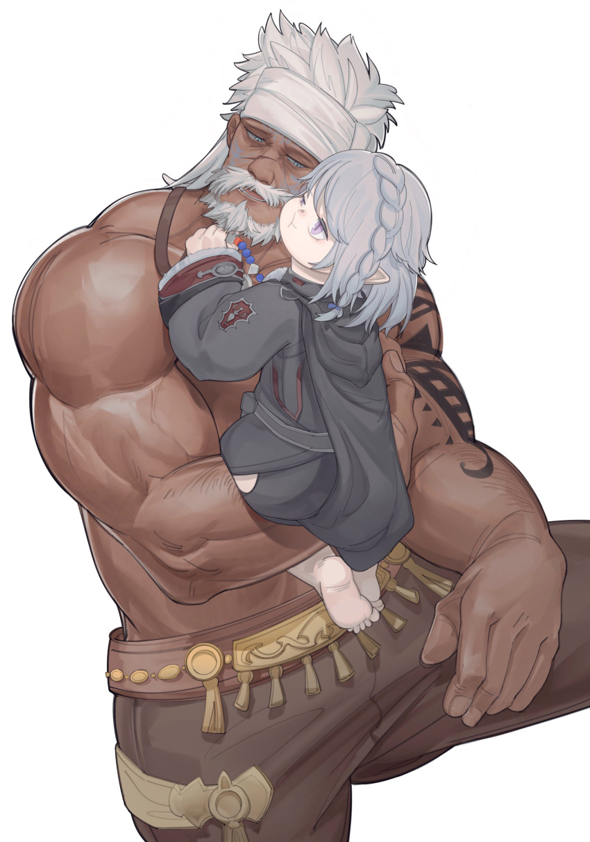 1boy 1girl absurdres affectionate age_difference arm_hair bara beard cheek-to-cheek dark-skinned_male dark_skin facial_hair feet_out_of_frame female_child final_fantasy final_fantasy_xiv glaring headband heads_together highres hyur long_hair lyon_rem_helsos mature_male muscular muscular_male mustache notesonlyonpii old old_man pants short_hair shoulder_tattoo tattoo topless_male white_hair