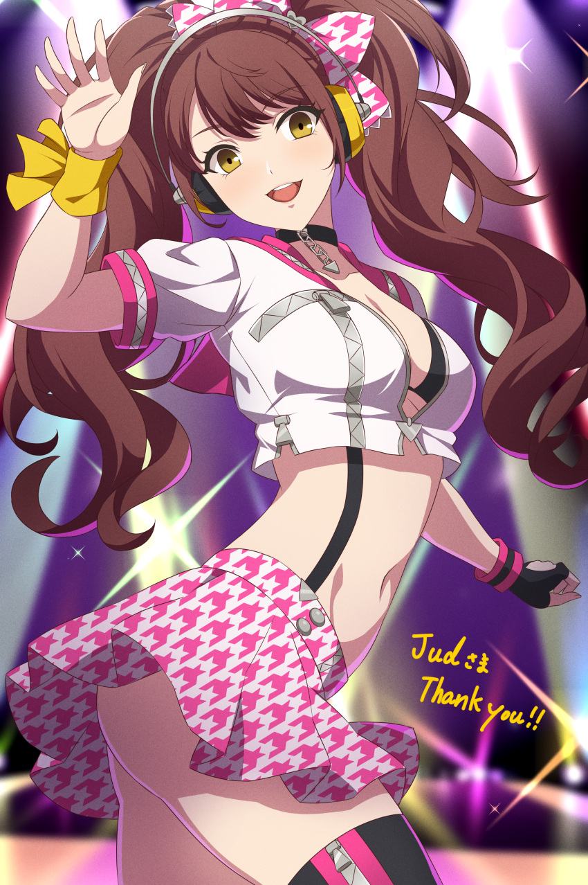 1girl absurdres ass blurry blurry_background breasts cleavage commission commissioner_upload headphones highres houndstooth kujikawa_rise looking_at_viewer md5_mismatch midriff official_alternate_costume persona persona_4 persona_4:_dancing_all_night resolution_mismatch rin_ateria skeb_commission skirt solo source_smaller twintails unmoving_pattern upskirt waving