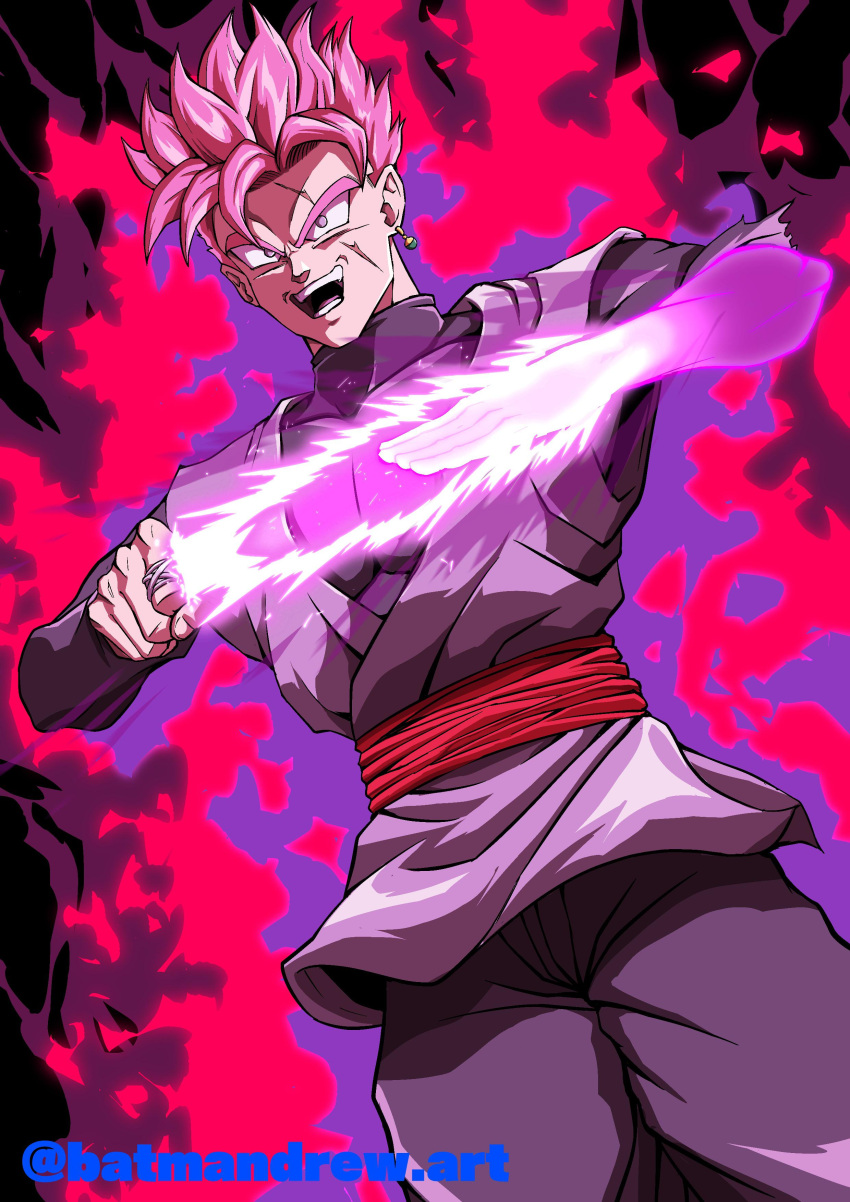 1boy absurdres alternate_universe aura batm_andrew commentary dragon_ball dragon_ball_super dragon_ball_z earrings english_commentary evil_smile goku_black highres jewelry male_focus pink_hair potara_earrings ring scar scar_across_eye single_earring smile solo son_gohan son_gohan_(future) super_saiyan super_saiyan_rose turtleneck