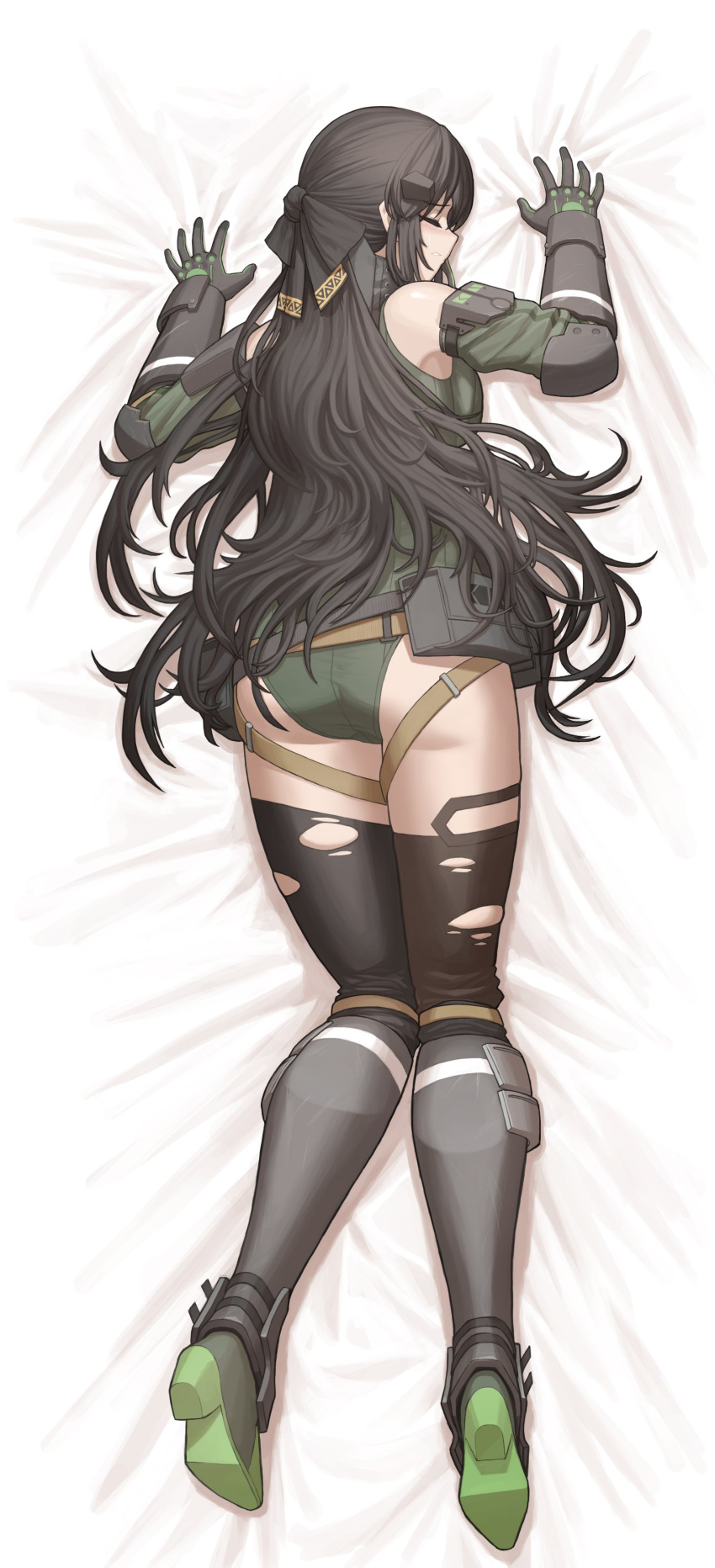 1girl absurdres black_hair blush boots bow cheogtanbyeong closed_eyes colored_shoe_soles cosplay dakimakura_(medium) dandelion_(girls'_frontline) detached_sleeves full_body girls'_frontline gloves grin hair_bow highres leotard long_hair lying m4a1_(girls'_frontline) m4a1_(girls'_frontline)_(cosplay) on_stomach ribbed_leotard smile solo thighhighs torn_clothes torn_thighhighs very_long_hair