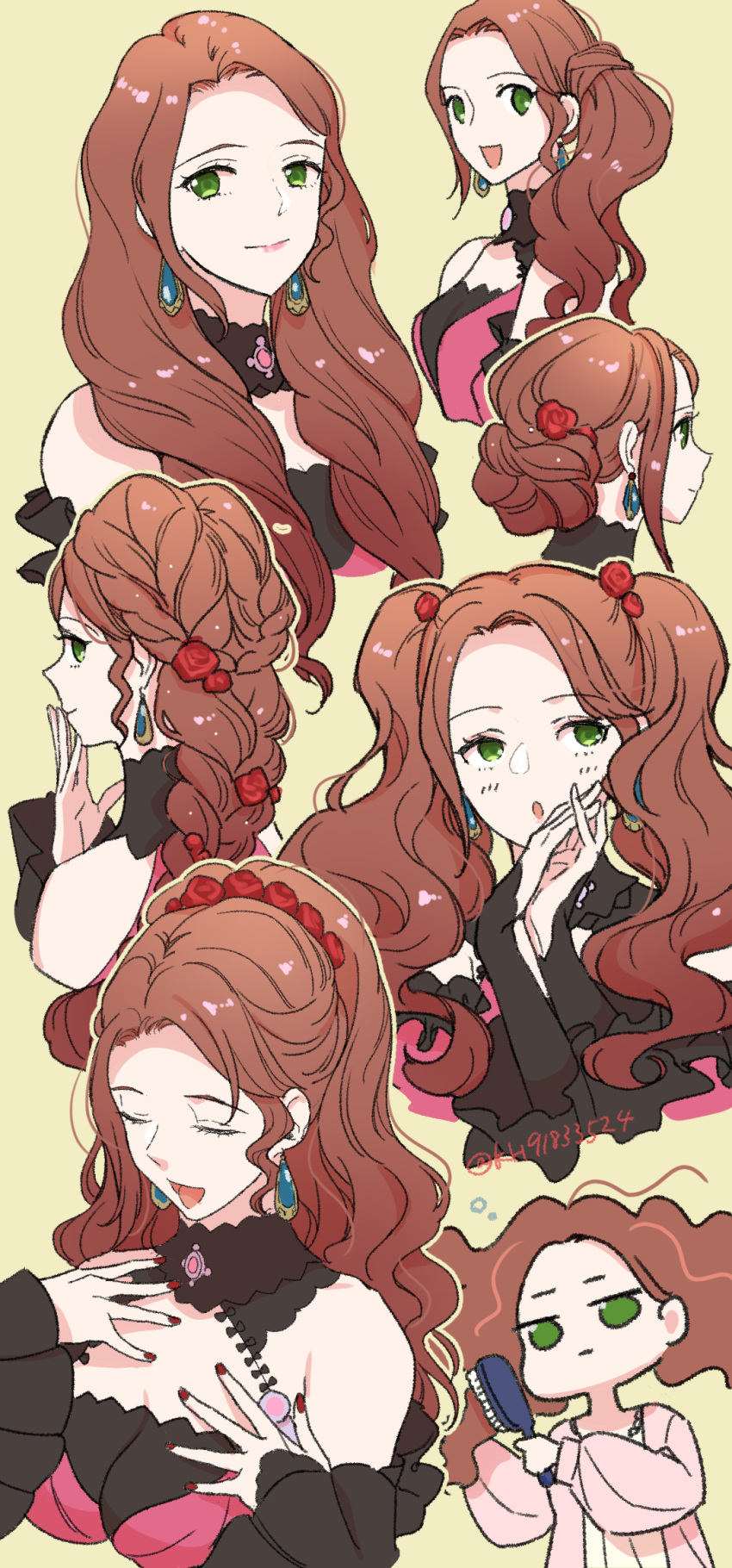 1girl :d :o alternate_hairstyle black_choker black_sleeves blue_gemstone brown_hair brushing_hair choker closed_eyes closed_mouth detached_sleeves dorothea_arnault earrings fire_emblem fire_emblem:_three_houses gem green_eyes highres jewelry kh_(tanakananataka) long_hair long_sleeves looking_at_viewer multiple_views open_mouth outline profile shiny shiny_hair smile