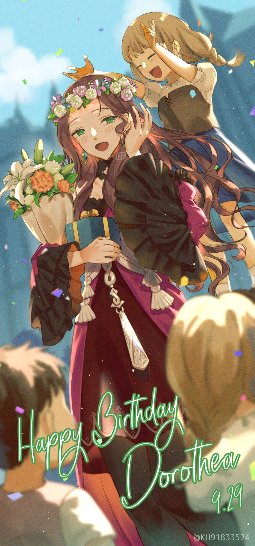 1boy 3girls birthday black_pantyhose blush bouquet braid brown_hair character_name dorothea_arnault dress earrings female_child fire_emblem fire_emblem:_three_houses floating_hair flower green_eyes headwear_request highres holding holding_bouquet jewelry kh_(tanakananataka) long_hair long_sleeves male_child multiple_girls open_mouth orange_flower pantyhose shiny shiny_hair short_dress twitter_username very_long_hair white_flower wide_sleeves