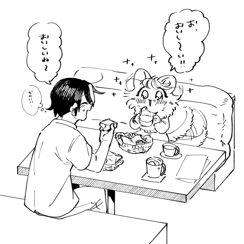 1boy 1girl :3 ^_^ afterimage animal_hands bangs basket blush closed_eyes cocri commentary_request crumbs cup ear_twitch facing_another food food_on_face from_behind furry furry_female greyscale hand_up hands_up happy highres holding holding_food indoors koharu_(cocri) long_sleeves looking_at_another monochrome motion_lines multicolored_hair open_mouth original pants paper princess_koyuki_(cocri) seat shiny shiny_hair shirt short_hair short_sleeves sitting sketch smile sparkle speech_bubble streaked_hair swept_bangs table tail tail_wagging talking translated two-tone_hair