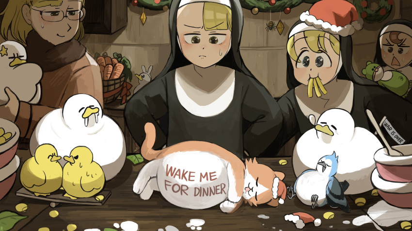 4girls animal_ears bird blonde_hair blue_eyes blue_jay body_writing bowl brown_hair bug carrot cat catholic chicken christmas_wreath clumsy_nun_(diva) corn diva_(hyxpk) drooling duck duckling english_commentary fake_animal_ears food french_fries froggy_nun_(diva) glasses habit hat highres little_nuns_(diva) multiple_girls nose_bubble nun rabbit_ears santa_hat spicy_nun's_mother_(diva) spicy_nun_(diva) spider star_ornament triangle_mouth wasp_spider yellow_eyes