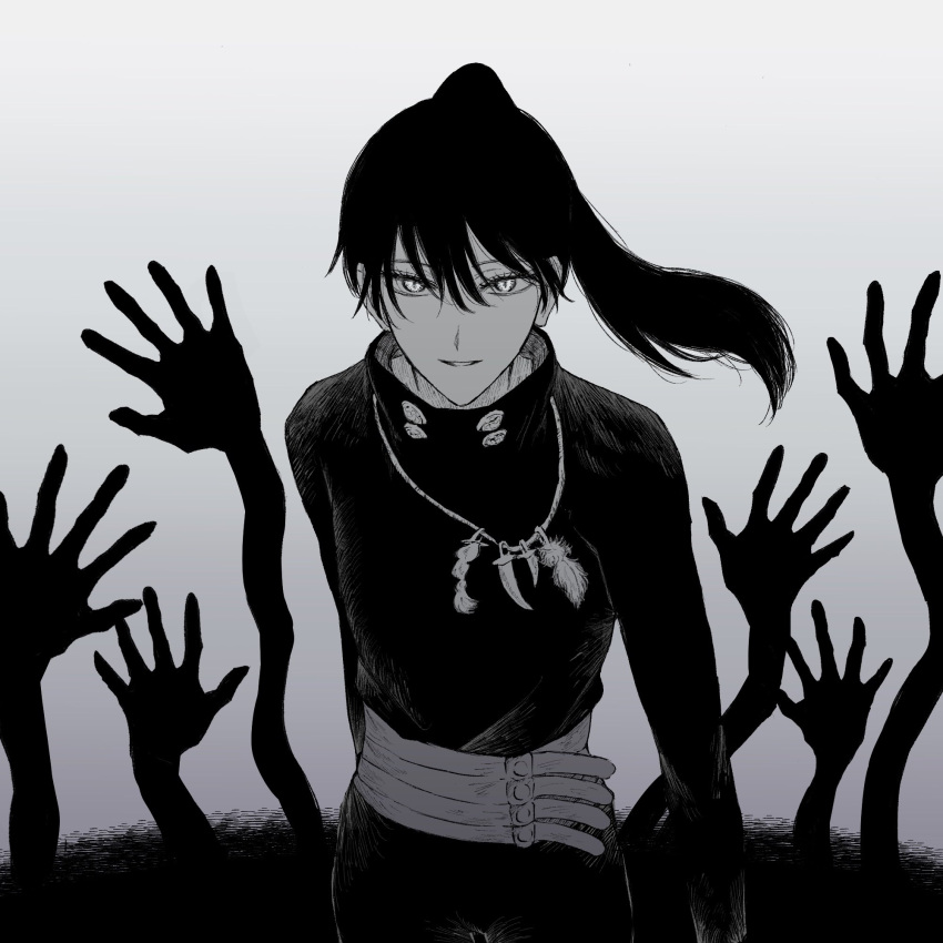 1boy androgynous bangs black_clover black_hair greyscale high_collar highres imo_aji18 jewelry long_hair long_sleeves looking_at_viewer monochrome nacht_faust necklace open_mouth ponytail shadow shadow_hands simple_background sketch smile solo strap