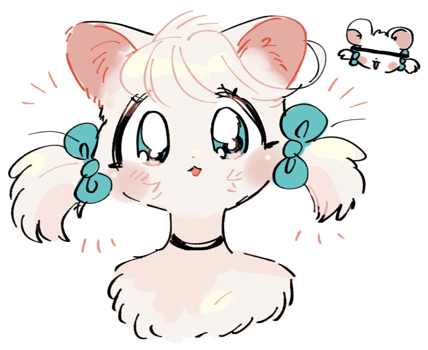1girl :3 animal_ear_fluff animal_ears bangs bar_censor black_choker blue_bow blue_eyes blush blush_stickers body_fur bow cat_ears cat_girl censored chibi chibi_inset choker cocri commentary_request fur_(clothing) fur_collar furry furry_female hair_bow happy highres identity_censor jpeg_artifacts looking_at_viewer multiple_views notice_lines open_mouth original portrait princess_koyuki_(cocri) short_hair simple_background sketch smile straight-on swept_bangs twintails white_background white_fur white_hair wide-eyed