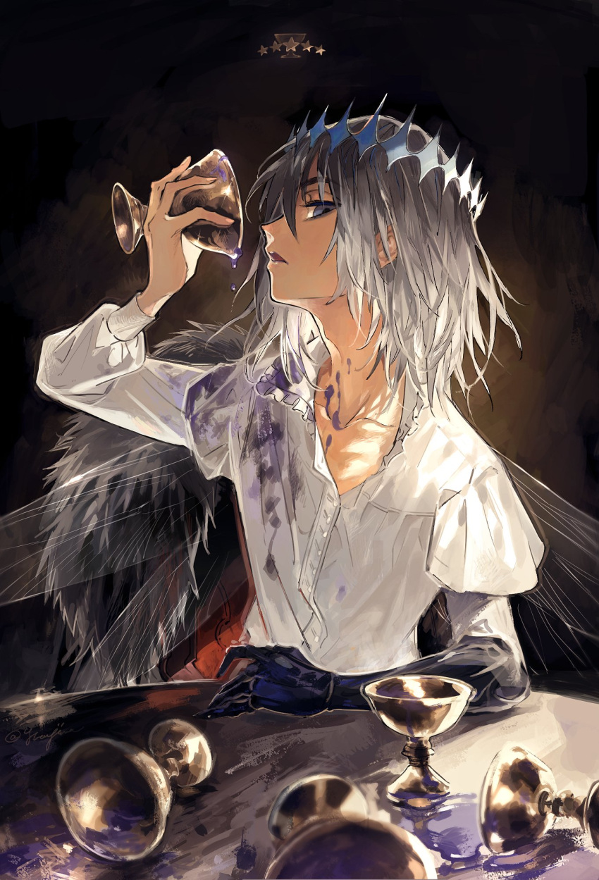 1boy arthropod_boy bangs cloak collared_shirt crown diamond_hairband drinking fate/grand_order fate_(series) fingernails gameplay_mechanics highres holy_grail_(fate) insect_wings long_sleeves male_focus medium_hair oberon_(fate) official_alternate_costume paint_on_clothes partially_unbuttoned puffy_sleeves sharp_fingernails shirt sideways_glance solo spoilers tetsujima wings