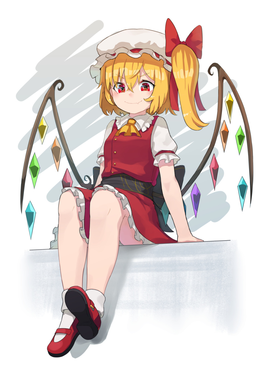 1girl arm_support ascot blonde_hair bow breasts crystal fang flandre_scarlet frilled_shirt_collar frills from_below full_body hair_bow hashiro hat highres mary_janes mob_cap one_side_up red_bow red_eyes red_skirt red_vest shoes short_hair short_sleeves simple_background sitting skin_fang skirt small_breasts smile socks solo touhou v-shaped_eyebrows vest white_headwear wings yellow_ascot