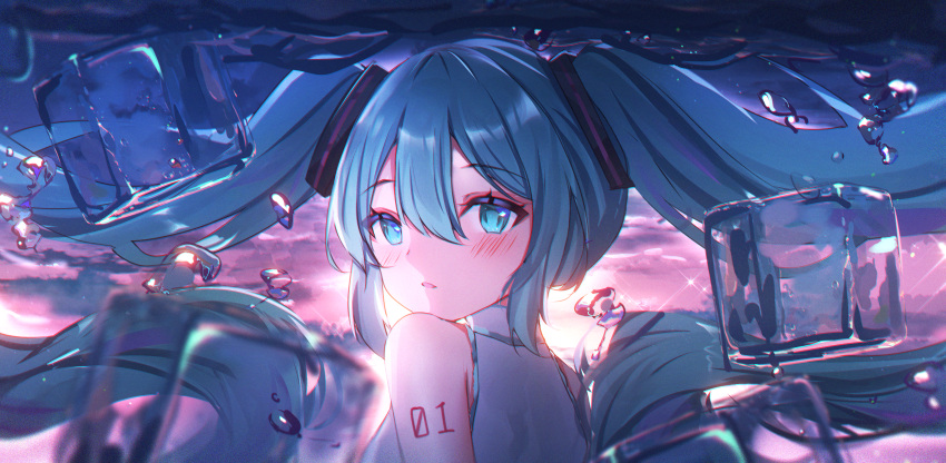 1girl absurdres arm_tattoo bangs blue_eyes blue_hair floating_hair from_behind hair_between_eyes hair_ornament hatsune_miku highres ice ice_cube long_hair looking_at_viewer looking_back number_tattoo open_mouth portrait shiny shiny_hair shirt sleeveless sleeveless_shirt solo sparkle tattoo twintails usagi_(786113654) very_long_hair vocaloid white_shirt