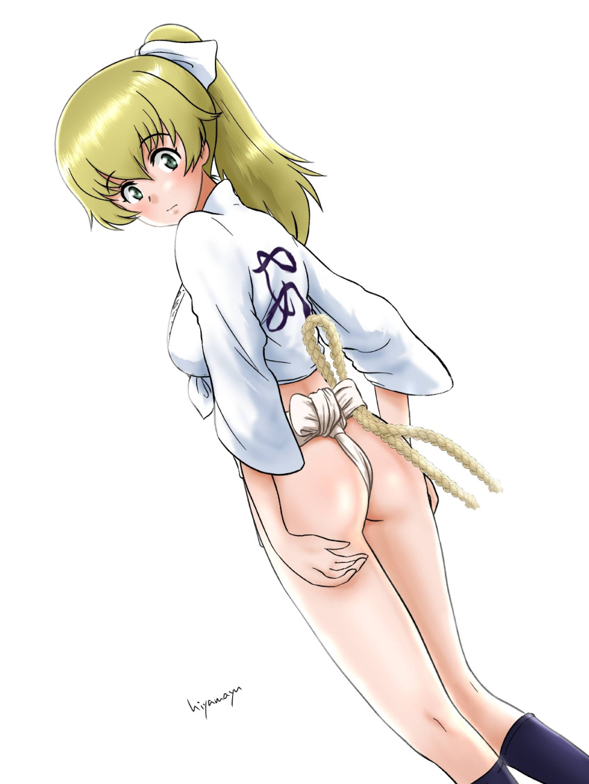 1girl absurdres ass blonde_hair blush breasts carpaccio_(girls_und_panzer) closed_mouth fundoshi girls_und_panzer green_eyes hair_ribbon highres hiyama_yuu_(wee259hiyama) japanese_clothes long_hair medium_breasts ponytail ribbon shiny shiny_hair shiny_skin signature solo yamakasa