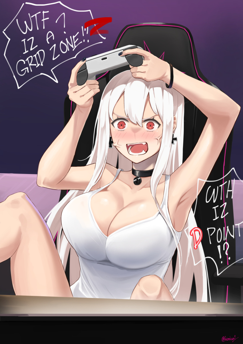 1girl anger_vein arms_up bangs black_choker blush breasts chair choker cleavage commentary controller english_commentary english_text fangs gaming_chair girls'_frontline highres holding holding_controller kar98k_(girls'_frontline) kion-kun large_breasts long_hair open_mouth red_eyes sitting solo speech_bubble tank_top twitter_username white_hair white_tank_top