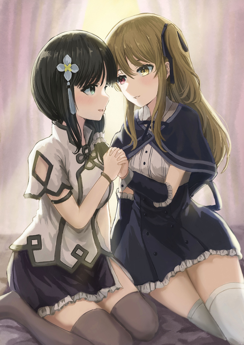 2girls absurdres arm_at_side arm_cutout arm_strap assault_lily bangs bed black_capelet black_hair black_ribbon black_skirt blush breasts brown_hair buttons capelet chinese_commentary clothing_cutout collared_shirt commentary_request curtains detached_sleeves evening eye_contact face-to-face flower frilled_skirt frilled_sleeves frills green_eyes grey_thighhighs hair_between_eyes hair_flower hair_ornament hair_over_shoulder hair_ribbon hair_scrunchie hand_up heterochromia high-waist_skirt highres holding_hands indoors interlocked_fingers kuo_shenlin light_smile long_hair longgu_(dragonbone0000) looking_at_another low_ponytail medium_breasts miniskirt multiple_girls neck_ribbon on_bed one_side_up parted_lips pink_eyes profile ribbon school_uniform scrunchie shirt short_sleeves side_ponytail side_slit sidelocks sitting skirt tassel tassel_hair_ornament thighhighs wang_yujia wariza white_scrunchie white_shirt white_thighhighs window wristband yellow_eyes yuri yurigaoka_girls_academy_school_uniform zettai_ryouiki