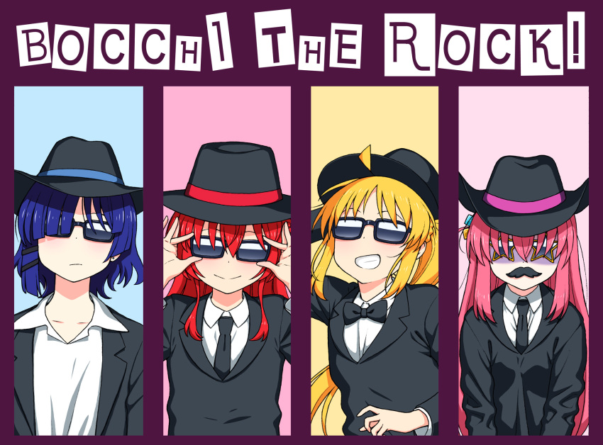 4girls adjusting_eyewear ahoge black_bow black_bowtie black_headwear black_jacket black_necktie black_sweater blonde_hair blue_hair bocchi_the_rock! bow bowtie collared_shirt copyright_name cube_hair_ornament fake_facial_hair fake_mustache fedora gotou_hitori hair_ornament hairclip hat highres hijiri_rei ijichi_nijika jacket kita_ikuyo long_hair multiple_girls necktie open_clothes open_jacket open_mouth pink_hair red_hair shirt short_hair side_ponytail smile star-shaped_eyewear sunglasses sweater teeth the_blues_brothers upper_body white_shirt yamada_ryou