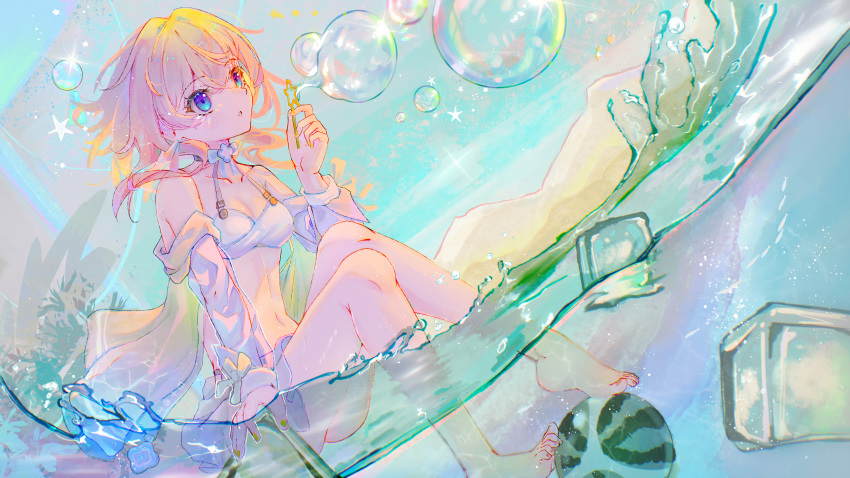 1girl :o absurdres alternate_costume arm_up artist_name bare_shoulders barefoot bikini bow bowtie breasts bubble bubble_blowing bubble_wand chinese_text choker commentary diffraction_spikes earrings eyelashes food fruit gradient_eyes hair_between_eyes highres holding honkai:_star_rail honkai_(series) ice ice_cube jewelry knees_up leaf long_sleeves looking_ahead march_7th_(honkai:_star_rail) medium_breasts medium_hair multicolored_eyes pink_hair ribbon_choker rishixiyan sitting soaking_feet solo splashing star_(symbol) swimsuit symbol-only_commentary water watermelon white_bikini white_bow white_bowtie