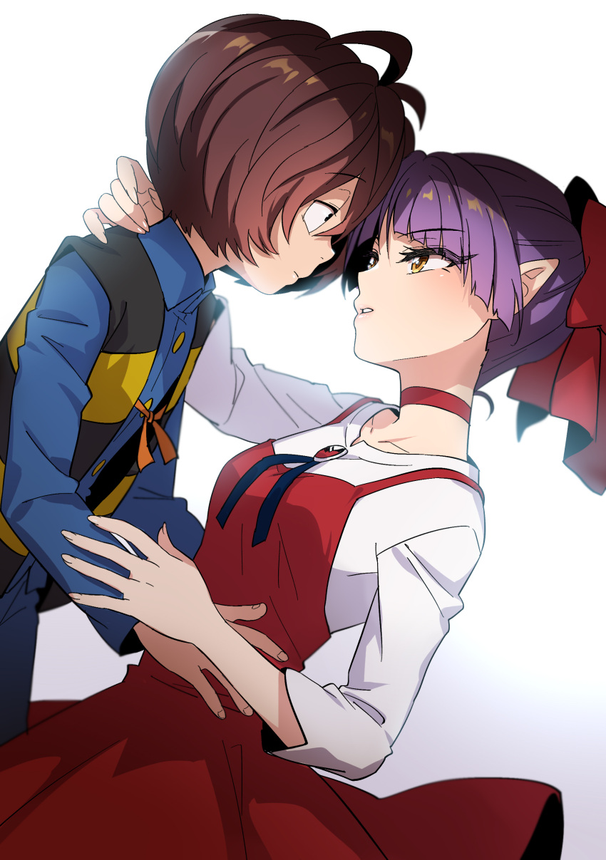 1boy 1girl absurdres backlighting blue_shirt brown_hair choker closed_mouth collarbone collared_shirt couple dress dress_shirt eye_contact gegege_no_kitarou gem hetero highres imminent_kiss kitarou leaning_back leaning_forward long_sleeves looking_at_another nekomusume nekomusume_(gegege_no_kitarou_6) orange_ribbon parted_lips pinafore_dress pointy_ears purple_hair red_choker red_dress red_gemstone ribbon shiny shiny_hair shirt short_hair silanduqiaocui simple_background sleeveless sleeveless_dress white_background white_shirt wing_collar yellow_eyes