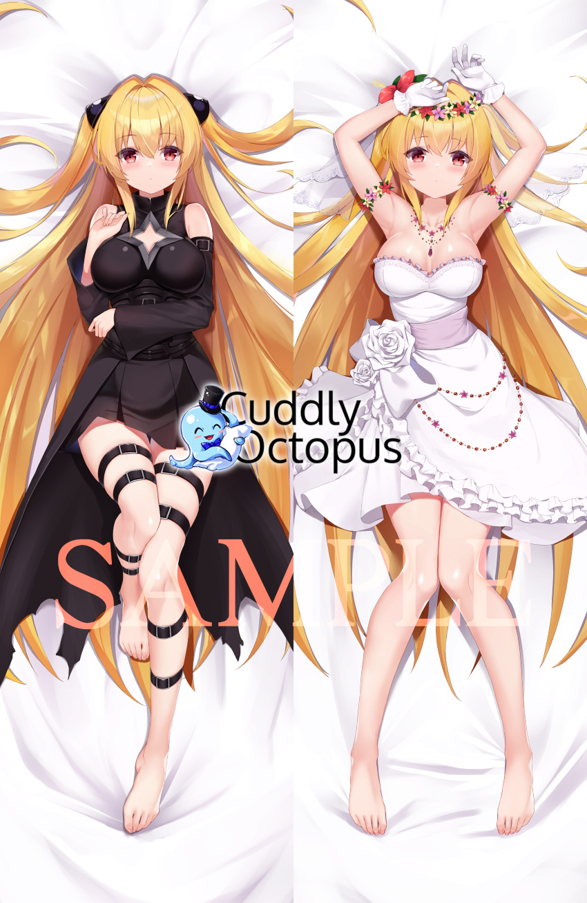 1girl absurdres arm_under_breasts arms_up bangs barefoot bed_sheet bitseon black_dress black_skirt black_sleeves blonde_hair blush breasts cleavage cleavage_cutout clothing_cutout dakimakura_(medium) detached_sleeves dress dress_flower expressionless feet flower flower_bracelet frilled_dress frills full_body gloves hair_between_eyes hair_down head_wreath high-low_skirt highres jewelry konjiki_no_yami large_breasts leg_up legs legs_together long_hair long_legs looking_at_viewer lying necklace on_back red_eyes rose sample_watermark sidelocks skirt soles solo star_cutout thigh_gap thigh_strap thighs to_love-ru to_love-ru_darkness toes two_side_up very_long_hair wedding wedding_dress white_dress white_flower white_gloves white_rose wide_sleeves