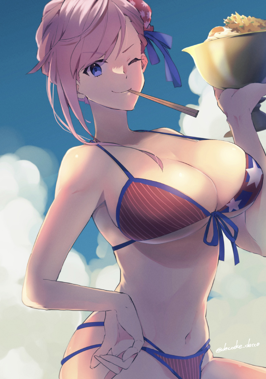 1girl american_flag_bikini asymmetrical_hair bikini blue_eyes blue_ribbon blue_sky bowl breasts chopsticks chopsticks_in_mouth cleavage cloud cup decoske_decco fate/grand_order fate_(series) flag_print food grail hair_ribbon hand_on_hip hand_up highres holding holding_bowl large_breasts looking_at_viewer miyamoto_musashi_(fate) miyamoto_musashi_(swimsuit_berserker)_(fate) miyamoto_musashi_(swimsuit_berserker)_(second_ascension)_(fate) mouth_hold navel no_jacket one_eye_closed pink_hair ribbon sky solo strap_gap swimsuit twitter_username v-shaped_eyebrows