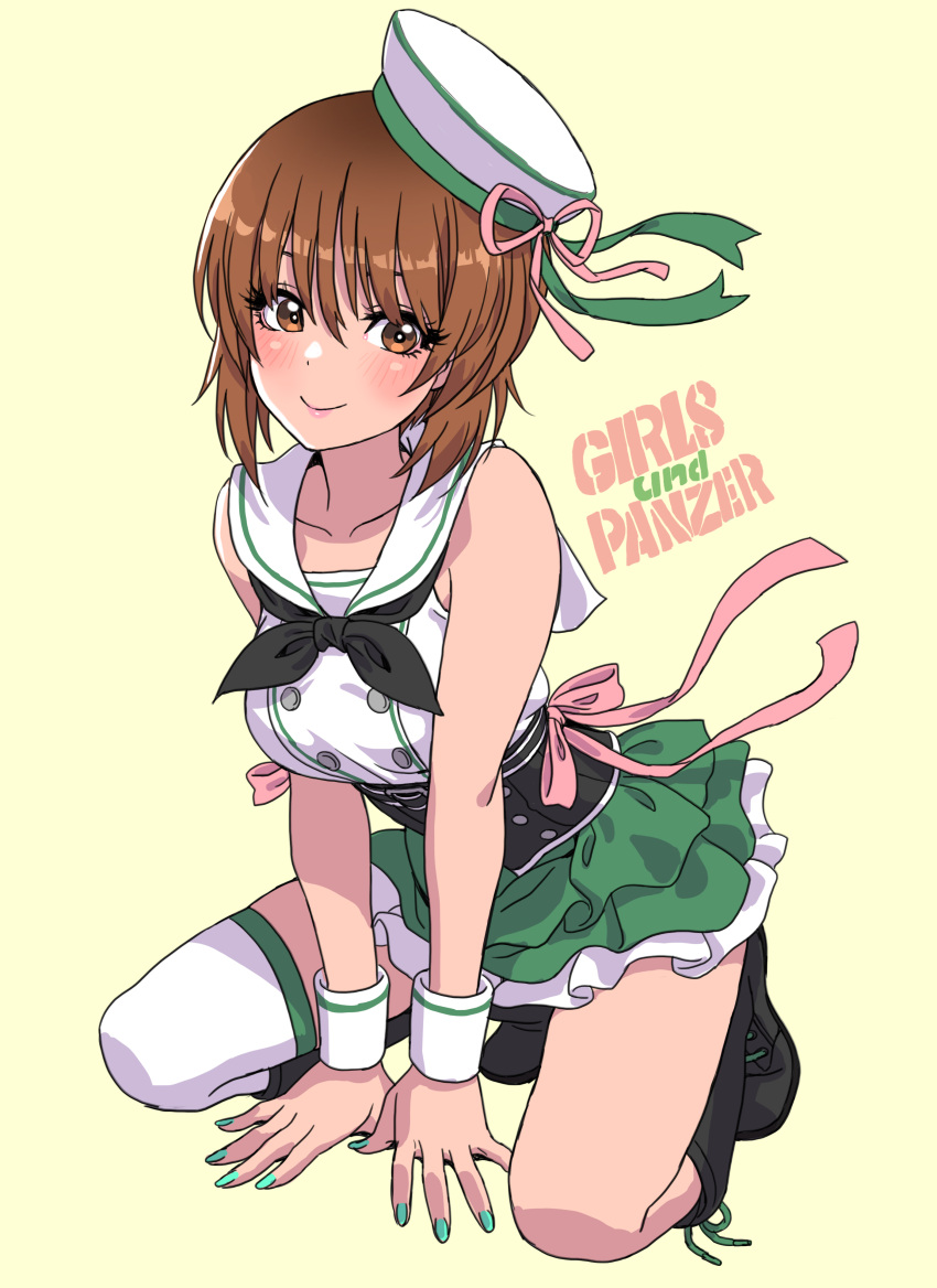 1girl absurdres black_footwear black_neckerchief boots brown_eyes brown_hair english_text girls_und_panzer green_background green_nails green_skirt hat highres neckerchief nishizumi_miho official_alternate_costume sailor_hat short_hair skirt sleeveless smile solo yamashita_shun'ya