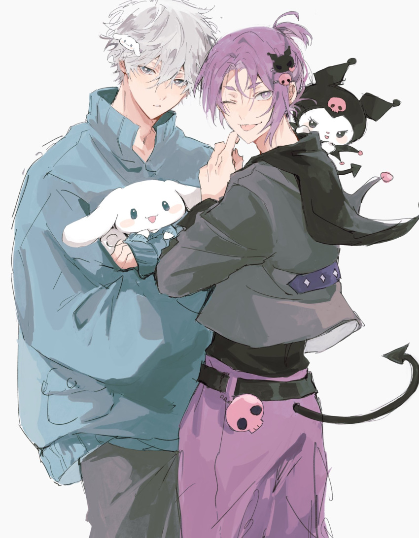 2boys belt black_belt blue_lock blue_sweater bright_pupils character_hair_ornament cinnamoroll commentary_request crossover demon_tail grey_eyes grey_hair grey_jacket grey_pants hair_between_eyes hair_ornament highres holding hood hood_down jacket kuromi long_sleeves looking_at_viewer male_focus mikage_reo multiple_boys nagi_seishirou one_eye_closed onegai_my_melody open_mouth pants ponytail purple_eyes purple_hair purple_pants sanrio short_hair short_ponytail simple_background sleeves_past_wrists standing sweater tail tongue tongue_out white_background white_pupils yng_z