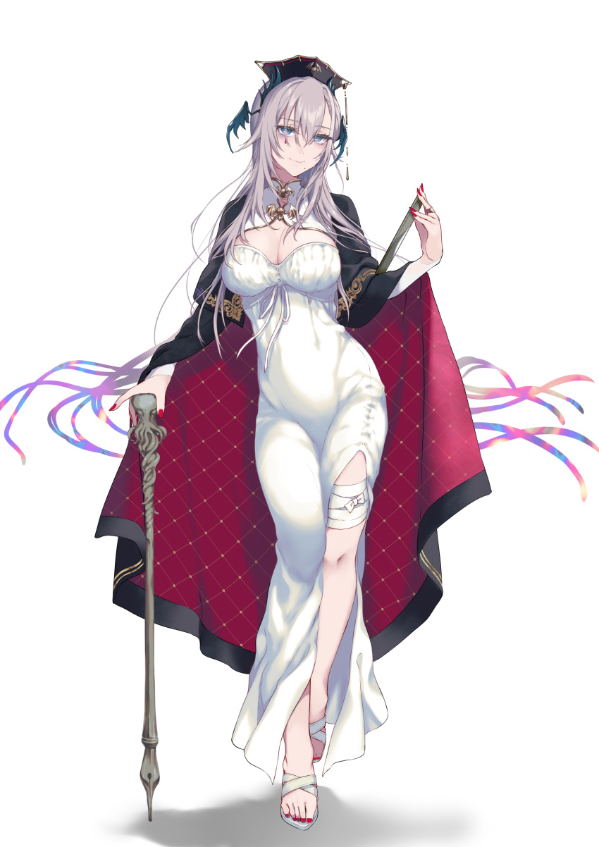 1girl absurdres blue_eyes breasts cane cape cleavage commentary_request dress feet grey_hair hat head_wings highres indie_virtual_youtuber jewelry large_breasts legs looking_at_viewer mole mole_under_mouth nail_polish pochi_(pochi-goya) pochimaru_(vtuber) red_nails ring sandals side_slit smile solo toenail_polish toenails toes virtual_youtuber white_dress