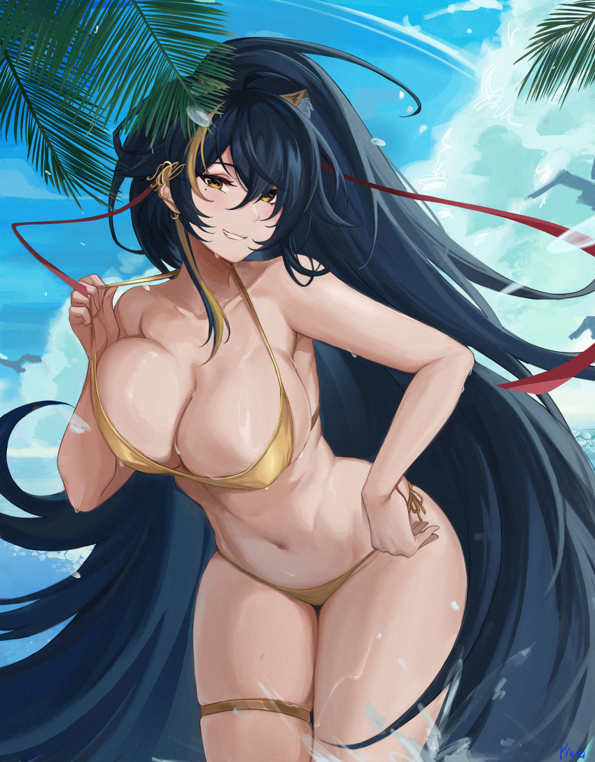 1girl absurdly_long_hair animal_ear_fluff animal_ears azur_lane bangs bare_shoulders bikini black_hair blue_sky breasts chinese_commentary cloud collarbone commentary_request day gold_bikini grin hair_between_eyes hand_on_hip harbin_(azur_lane) harbin_(union_between_sea_and_sky)_(azur_lane) highres large_breasts leaning_forward long_hair looking_at_viewer mole mole_under_eye multicolored_hair navel official_alternate_costume outdoors partial_commentary piuta ponytail pulled_by_self side-tie_bikini_bottom sky smile solo strap_pull streaked_hair swimsuit thigh_strap thighs very_long_hair wet yellow_eyes