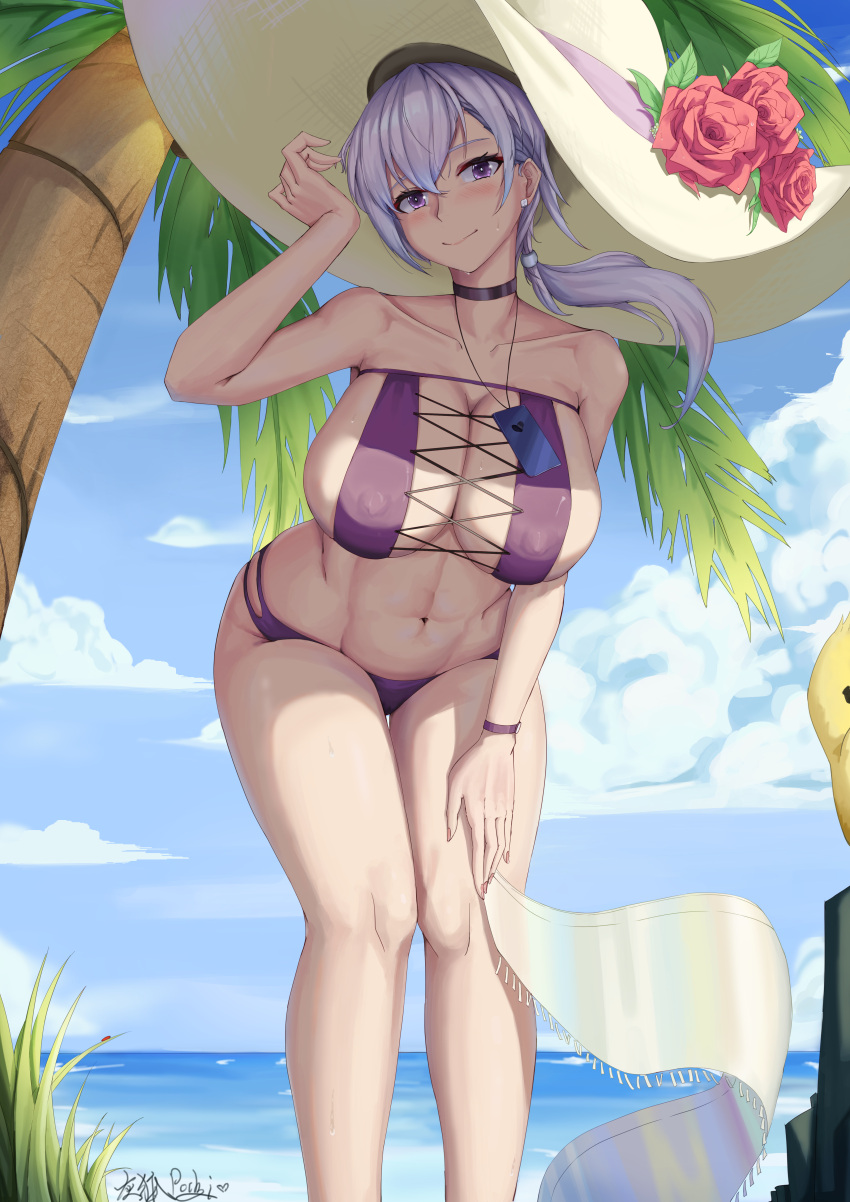 1girl absurdres azur_lane bangs bare_shoulders bikini black_choker blue_sky blush breasts chinese_commentary choker cleavage closed_mouth cloud collarbone commentary_request covered_nipples cross-laced_bikini cross-laced_clothes day earrings grayfoxpochi grey_hair groin hair_between_eyes hand_up hat highres jewelry lanyard large_breasts large_hat leaning_forward long_hair looking_at_viewer low_ponytail manjuu_(azur_lane) mixed-language_commentary navel ocean official_alternate_costume outdoors palm_tree purple_bikini purple_eyes reno_(azur_lane) reno_(summer_spin-off)_(azur_lane) rock sidelocks signature sky smile solo standing stomach strapless strapless_bikini sun_hat swimsuit tree watch wristwatch