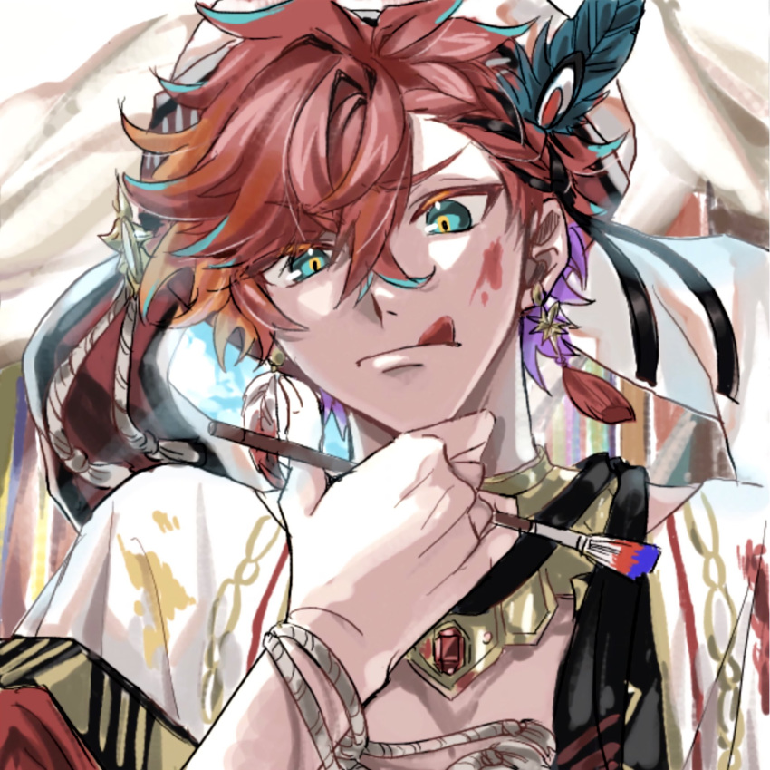 1boy aqua_eyes arabian_clothes bracelet collar earrings feather_earrings feathers hair_between_eyes hand_on_own_chin hat_feather highres hizaki_gamma holding holding_paintbrush holostars jewelry licking_lips looking_at_viewer male_focus mawata mismatched_earrings multicolored_hair official_alternate_costume open_clothes open_robe orange_hair paint_splatter paint_splatter_on_face paintbrush purple_hair red_hair robe rope short_hair solo streaked_hair tassel tassel_earrings thinking tongue tongue_out turban upper_body virtual_youtuber white_robe