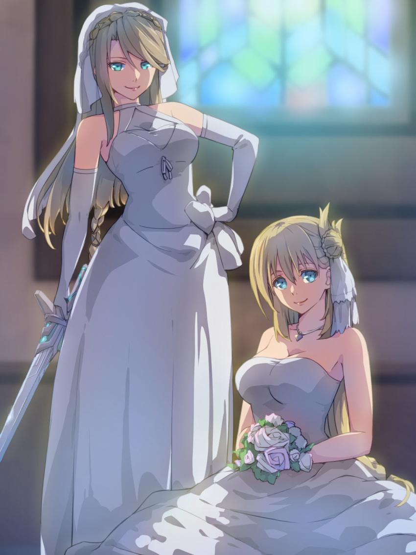 2girls agnes_claudel bare_shoulders blonde_hair blue_eyes blurry blurry_background breasts bridal_garter bridal_gauntlets bridal_veil bride chiharu_(9654784) church dress eiyuu_densetsu elaine_auclair flower hair_bun hand_on_hip highres holding holding_flower holding_sword holding_weapon indoors kuro_no_kiseki kuro_no_kiseki_ii long_hair medium_breasts multiple_girls single_side_bun sleeveless sleeveless_dress smile stained_glass sword veil weapon wedding wedding_dress white_dress