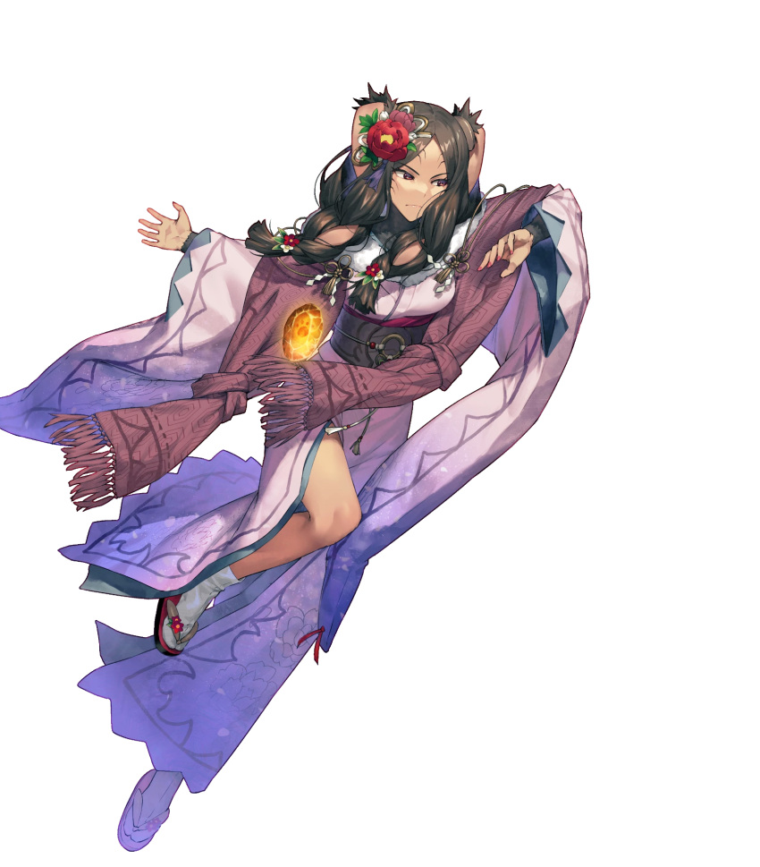 1girl animal_ears bangs braid breasts brown_hair cozy dark-skinned_female dark_skin facial_mark fingernails fire_emblem fire_emblem_awakening fire_emblem_heroes floating floating_object floral_print flower full_body gradient gradient_clothes highres japanese_clothes kimono leg_up long_hair long_sleeves looking_away medium_breasts non-web_source obi official_art panne_(fire_emblem) panne_(new_year)_(fire_emblem) rabbit_ears red_eyes sandals sash shiny shiny_hair solo stone tabi transparent_background turtleneck twin_braids twintails wide_sleeves zouri