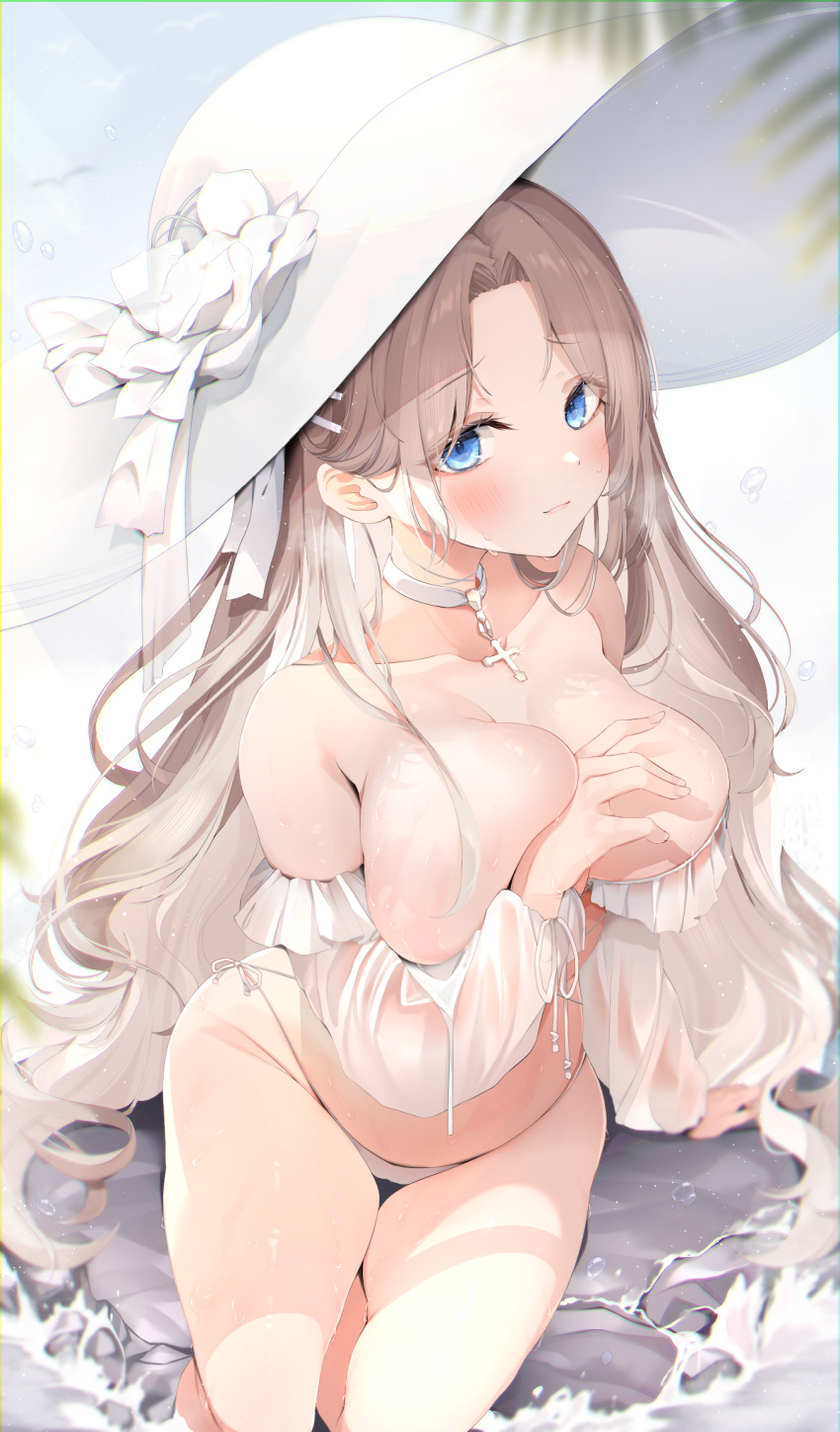 1girl arm_between_breasts arm_support azur_lane bangs bare_shoulders between_breasts bikini bird blue_eyes blush breasts brown_hair choker cleavage commentary covering covering_breasts cross cross_choker frilled_bikini frills groin hat highres large_breasts leaf long_hair long_sleeves looking_at_viewer official_alternate_costume outdoors parted_bangs raised_eyebrows see-through see-through_sleeves shiira_(nya_rl) side-tie_bikini_bottom sitting solo string_bikini sun_hat swimsuit thighs very_long_hair water wet white_bikini white_choker white_headwear yorktown_(azur_lane) yorktown_ii_(azur_lane) yorktown_ii_(bright-sky_mermaid)_(azur_lane)