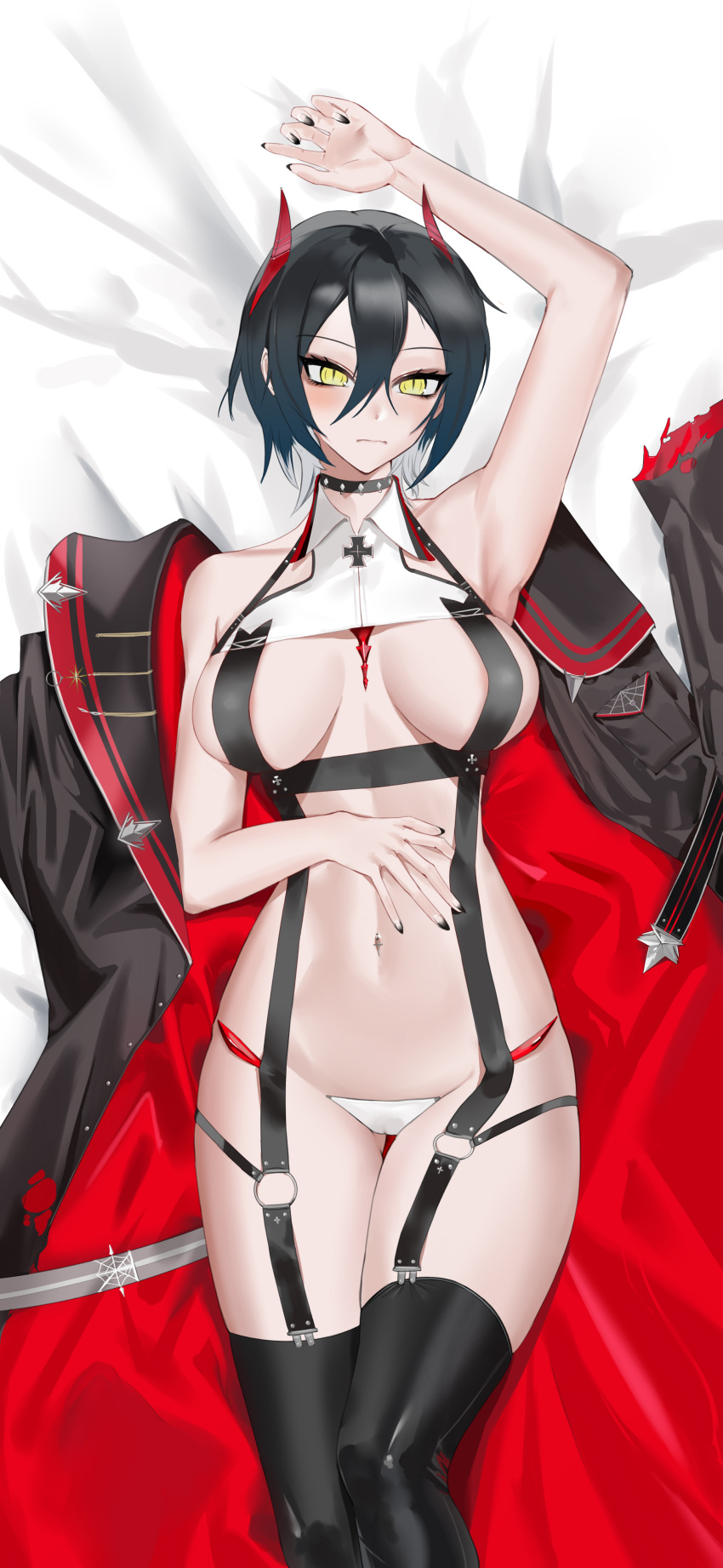 1girl absurdres arm_up armpits ass_visible_through_thighs azur_lane bangs bare_shoulders bed_sheet black_choker black_coat black_hair black_nails black_thighhighs blue_hair breast_strap breasts c-string choker cleavage closed_mouth coat coat_removed collarbone collared_shirt cowboy_shot crop_top cross dakimakura_(medium) garter_straps gradient_hair groin hair_between_eyes hand_on_own_stomach highres horns iron_cross large_breasts looking_at_viewer lying multicolored_hair nail_polish navel navel_piercing o-ring on_back panties pi-xy piercing red_horns shirt short_hair sidelocks skindentation sleeveless sleeveless_shirt slit_pupils solo spiked_choker spikes stomach strapless_bottom thigh_gap thighhighs ulrich_von_hutten_(azur_lane) underwear white_hair white_panties white_shirt yellow_eyes