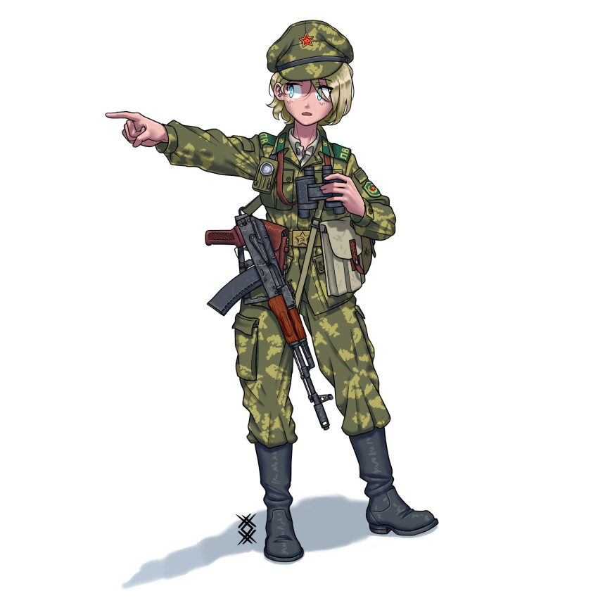 1girl ak-74 aks-74 aqua_eyes artist_logo assault_rifle bangs belt_buckle belt_pouch binoculars black_footwear blonde_hair boots buckle camouflage camouflage_headwear camouflage_jacket camouflage_pants cargo_pants censored collar_tabs collared_shirt commentary english_commentary epaulettes eyes_visible_through_hair folding_stock full_body green_headwear green_jacket green_pants gun hammer_and_sickle hat hat_ornament highres holding holding_binoculars index_finger_raised jacket kalashnikov_rifle kgb long_sleeves looking_to_the_side military military_hat military_uniform original ostwindprojekt pants parted_lips patch pocket pointing pointing_to_the_side pointless_censoring pouch red_star rifle russian_text shadow shirt short_hair signature simple_background sling soldier solo soviet soviet_border_troops standing star_(symbol) star_hat_ornament translated uniform weapon white_background white_shirt