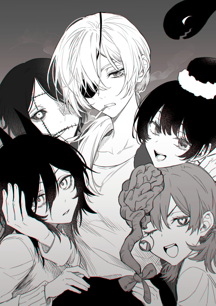 5girls absurdres black_hair black_sclera chainsaw_man cigarette colored_sclera cosmo_(chainsaw_man) dangling_eye exposed_brain eyepatch futakuchi-onna grey_background grey_hair greyscale hair_between_eyes hair_ribbon hand_on_another's_face heart heart-shaped_pupils highres horns long_(chainsaw_man) long_hair looking_at_viewer medium_hair monochrome multiple_girls nanin open_mouth pingtsi_(chainsaw_man) quanxi_(chainsaw_man) ribbon shirt short_hair simple_background smile smoke smoking stitched_face stitched_mouth stitches symbol-shaped_pupils tsugihagi_(chainsaw_man) white_hair white_shirt
