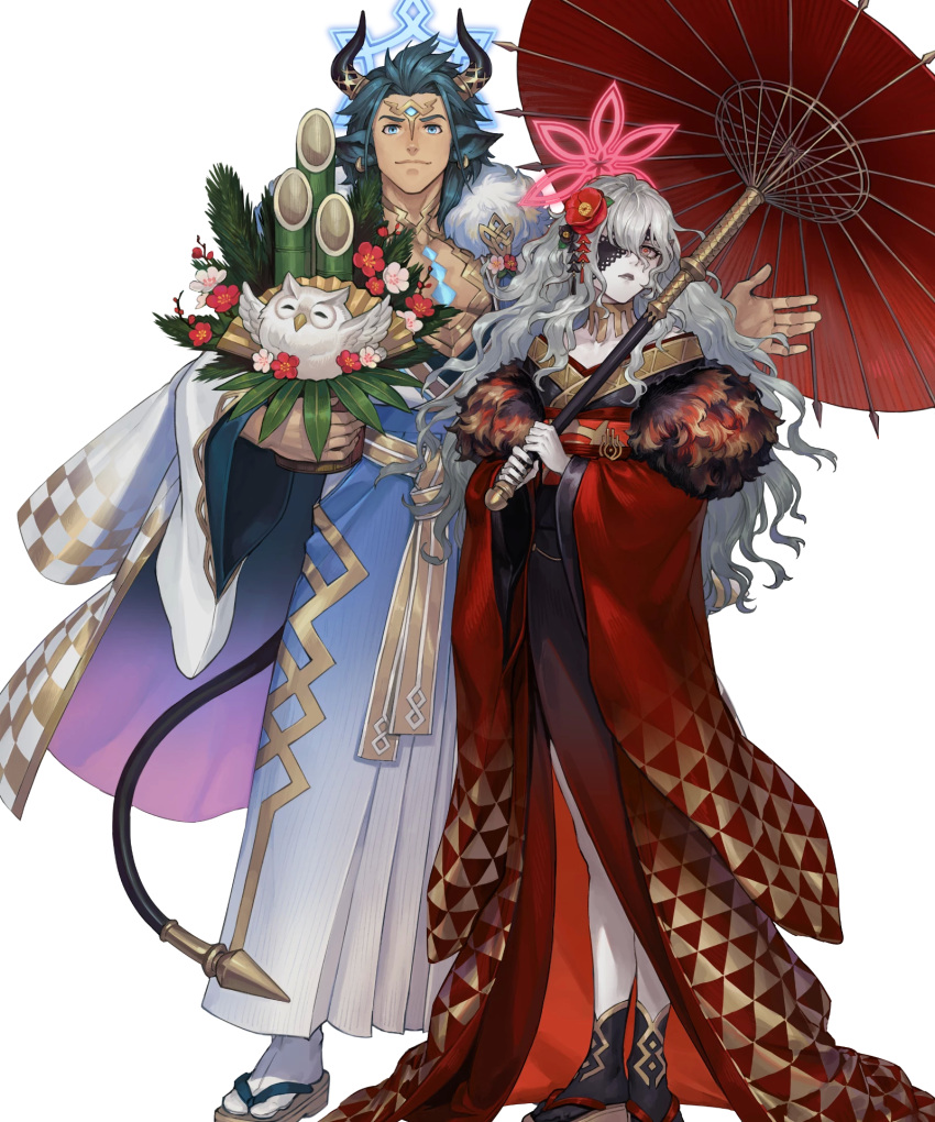 1boy 1girl animal animal_ears askr_(fire_emblem) askr_(new_year)_(fire_emblem) bangs bird black_hair blue_eyes closed_mouth dark_skin earrings embla_(fire_emblem) embla_(new_year)_(fire_emblem) eyepatch feh_(fire_emblem_heroes) fire_emblem fire_emblem_heroes flower gradient gradient_clothes highres holding horns japanese_clothes jewelry kimono lips long_hair looking_at_viewer nishiki_areku non-web_source obi official_art oil-paper_umbrella owl pale_skin red_eyes sandals sash shiny shiny_hair shiny_skin tabi tail transparent_background umbrella white_hair wide_sleeves zouri