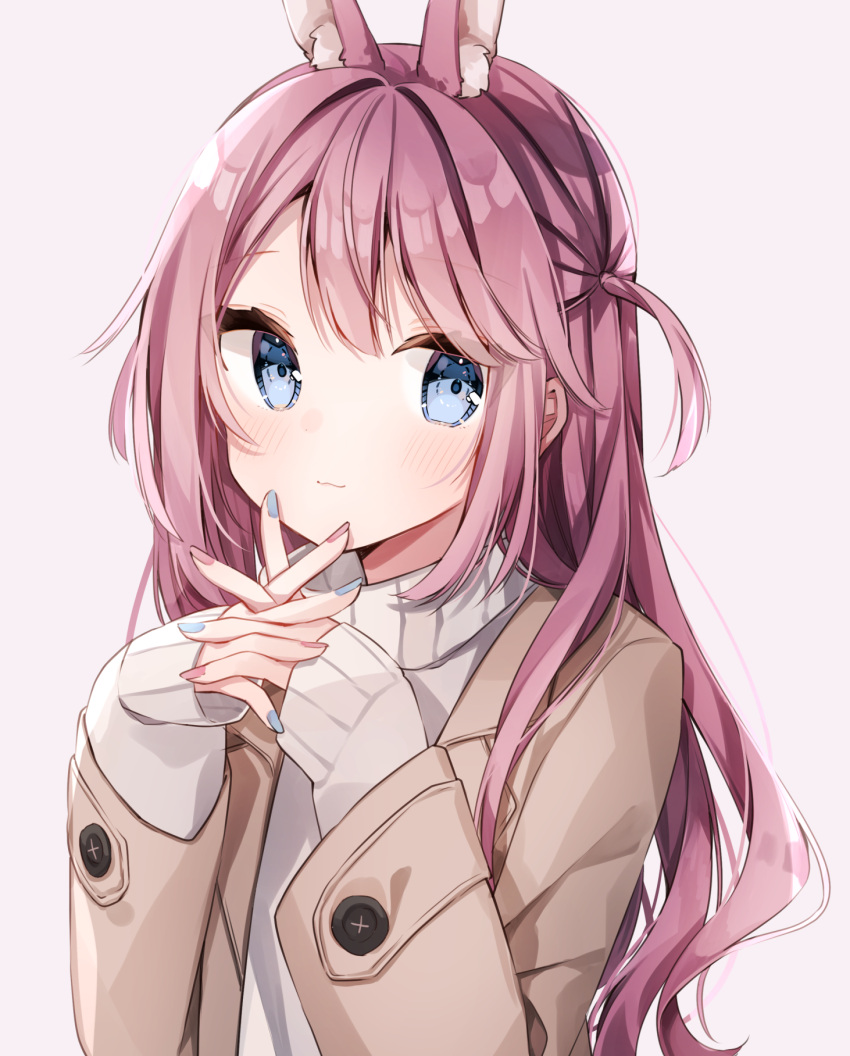 1girl :3 animal_ears bangs blue_eyes blue_nails blush brown_coat closed_mouth coat grey_sweater heripiro highres long_hair long_sleeves looking_at_viewer looking_to_the_side nail_polish one_side_up open_clothes open_coat original own_hands_together pink_background pink_hair pink_nails rabbit_ears rabbit_girl simple_background sleeves_past_wrists smile solo sweater turtleneck turtleneck_sweater upper_body