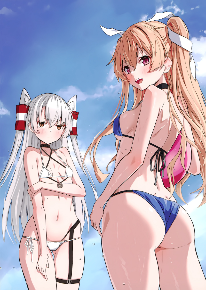 2girls absurdres amatsukaze_(kancolle) ass ball bangs bare_arms bare_shoulders beachball bikini blue_sky blush breast_envy breasts cloud day hair_ornament hair_tubes highleg highleg_bikini highres holding johnston_(kancolle) kantai_collection light_brown_hair long_hair looking_at_viewer looking_back medium_breasts multiple_girls navel open_mouth outdoors red_eyes scan shiny shiny_hair shiny_skin side-tie_bikini_bottom simple_background sky small_breasts smile stomach swimsuit takanashi_kei_(hitsujikan) teeth thigh_strap thighs twintails upper_teeth_only water_drop wet white_hair