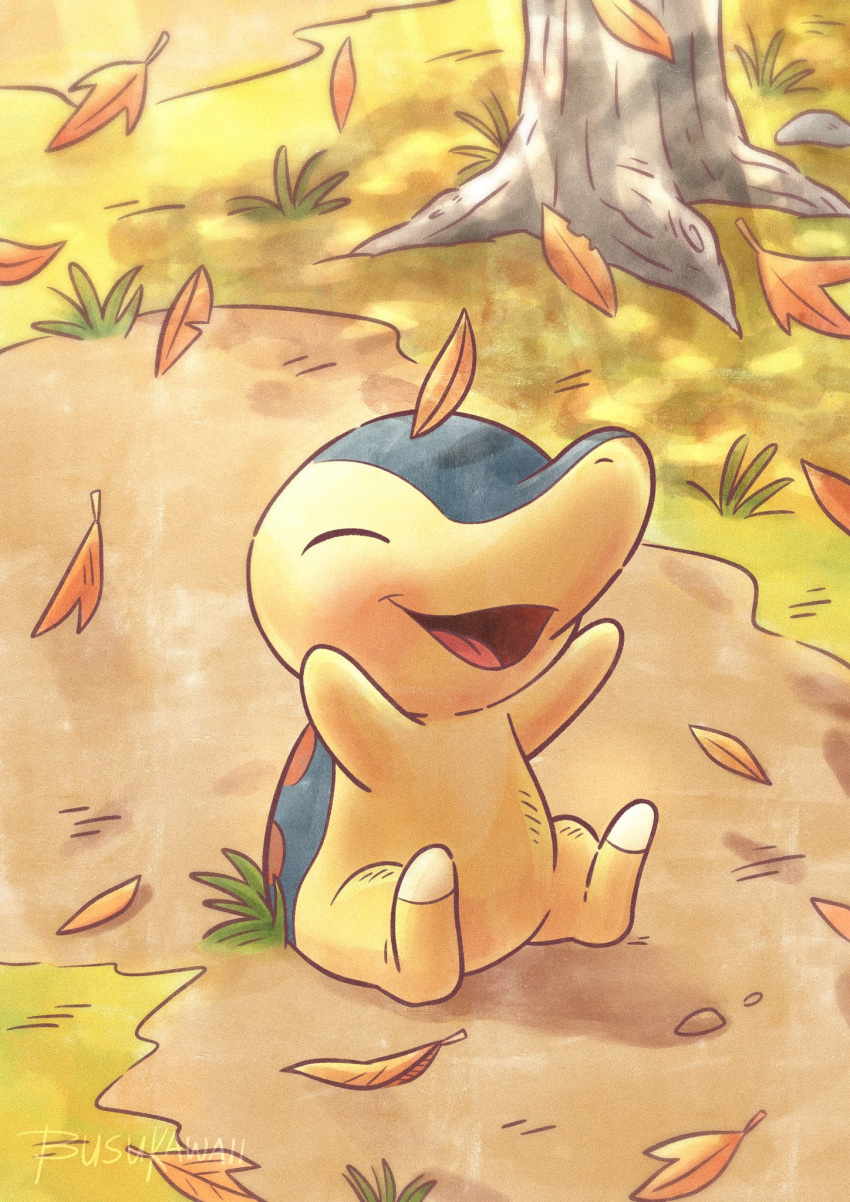 :d busukawaii closed_eyes commentary cyndaquil english_commentary falling_leaves full_body grass highres leaf no_humans open_mouth pokemon pokemon_(creature) signature sitting smile solo tongue tree