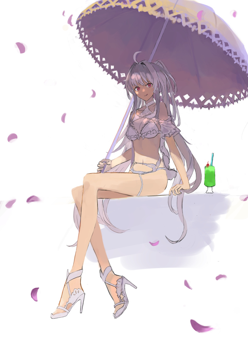 1girl absurdres ahoge bangs bikini breasts cleavage drinking_straw fate/grand_order fate_(series) full_body high_heels highres holding holding_umbrella lady_avalon_(fate) licking_lips long_hair looking_at_viewer medium_breasts merlin_(fate/prototype) navel oden_(o-den) petals red_eyes sitting smile solo swimsuit toe-point tongue tongue_out tropical_drink umbrella very_long_hair white_background white_bikini