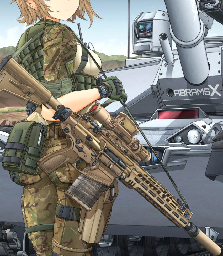 1girl assault_rifle black_thighhighs blonde_hair breasts camouflage caterpillar_tracks commentary_request from_side gloves green_gloves ground_vehicle gun head_out_of_frame highres m1_abrams magazine_(weapon) mc_axis medium_breasts medium_hair mikeran_(mikelan) military military_vehicle motor_vehicle outdoors rifle scope short_sleeves sig_sauer_mcx_spear smile solo tank thighhighs watch weapon weapon_request wristwatch xm5_rifle