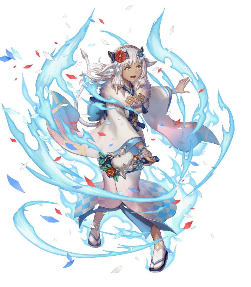 1girl anbe_yoshirou animal_ears ash_(fire_emblem) ash_(new_year)_(fire_emblem) bangs breasts confetti cow_ears cow_horns cow_tail dark-skinned_female dark_skin fire_emblem fire_emblem_heroes flower full_body fur_trim glowing gradient gradient_background gradient_clothes hagoita hair_ornament highres holding horns japanese_clothes kimono long_hair looking_away medium_breasts non-web_source obi official_art open_mouth paddle sandals sash shiny shiny_hair sidelocks smile solo tabi tail transparent_background white_hair wide_sleeves yellow_eyes zouri
